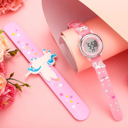 Vista 6 de 2 Pieces Kids Unicorn Watch Toddler Watch and Silicone Wristband Cute 3D Kids Digital Watch Waterproof 7 Color Lights Watch with Alarm Stopwatch