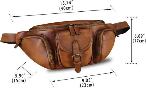 Vista 4 de Riñonera de cuero genuino para hombres y mujeres, bolso bandolera de cuero real, bolso cruzado de moda, bolso de cintura de moda, Marrón, Riñonera