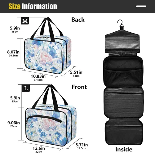 Vista 3 de Acuarela Art Elegante bolsa de viaje colgante de flores azules con gancho, bolsas lavables de diseñador para hombres para viajes esenciales