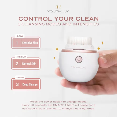 Vista 4 de YouthLab Pure Radiance, cepillo de limpieza facial vibratorio, eléctrico, 3 modos, 3 cabezales de cepillo (2 cerdas, 1 silicona), impermeable, Oro