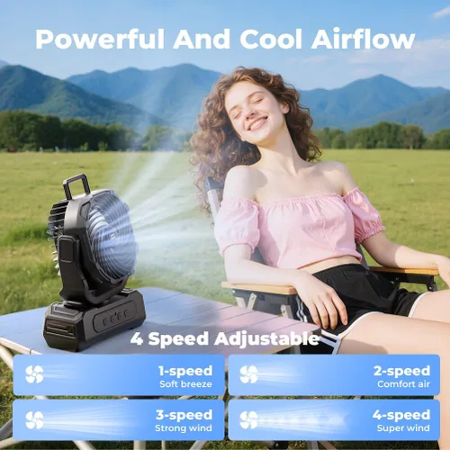 Vista 4 de Ventilador Portátil de Camping de 30000mAh con Linterna RGB, Alimentado por Batería Recargable Oscilante con 4 Velocidades de Viento Pantalla LED