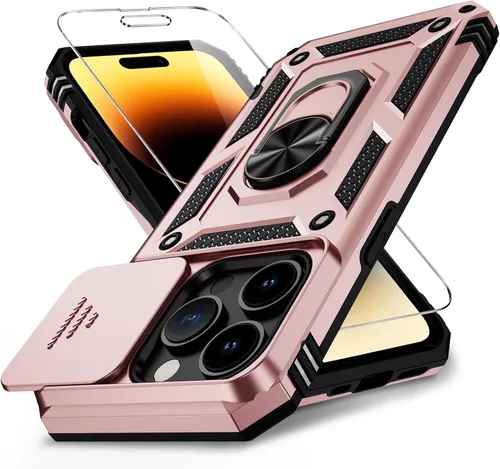 Vista 25 de Funda para iPhone 14 con cubierta para lente de cámara, protector de pantalla HD, protección contra caídas de grado militar de 10 pies, soporte