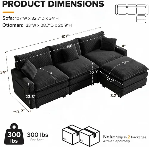 Vista 2 de Sofá seccional modular de 107", sofá de nube en forma de L con otomana Negro