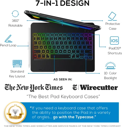 Vista 2 de Funda con teclado para iPad de 9ª generación (10.2 pulgadas, 2021) 360° 7 modos Retroiluminación 12 colores Delgada, ligera y protectora
