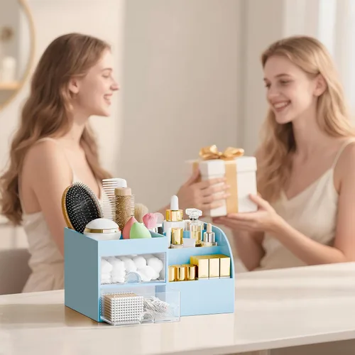 Vista 7 de Organizador de maquillaje con 2 cajones, organizadores de maquillaje para encimera de tocador y baño, organización de maquillaje y almacenamiento