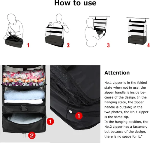 Vista 20 de TABITORA - Estantería portátil y plegable de gran capacidad con ganchos para colgar, ideal como almacenamiento para viajes