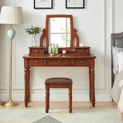 Vista 2 de 39.4in Vintage Vanity Desk with Adjustable Angle Mirror, Wooden Dressing Table Set for Bedroom with 5 Drawers, Cushioned Stool