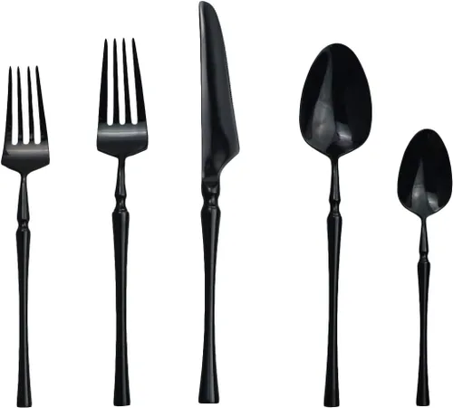 Vista 2 de Juego de cubiertos negros de 5 piezas de acero inoxidable 18/10 para 1, acabado espejo, ideal para bodas, festivales, fiestas, cocina en casa, apto