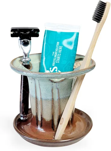 Vista 8 de Soporte para cepillos de dientes de cerámica fácil de limpiar para baños de niños y familias grandes, organizador de encimera estilo rústico (negro)