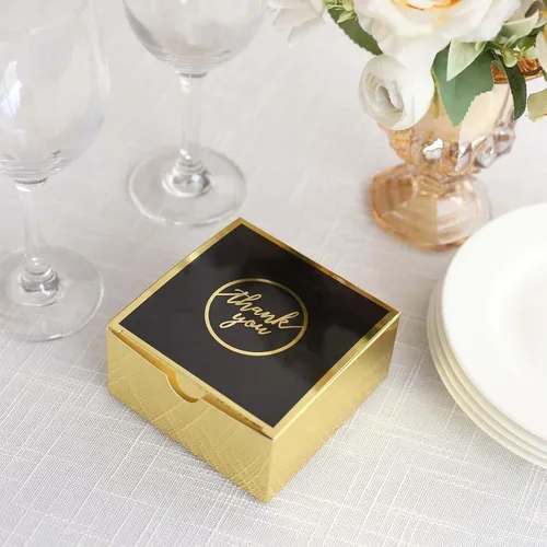 Vista 6 de Efavormart - Paquete de 25 cajas de regalo impresas en oro negro con texto en inglés "Thank You", 4 x 4 x 2 pulgadas, cajas de regalo de cartulina