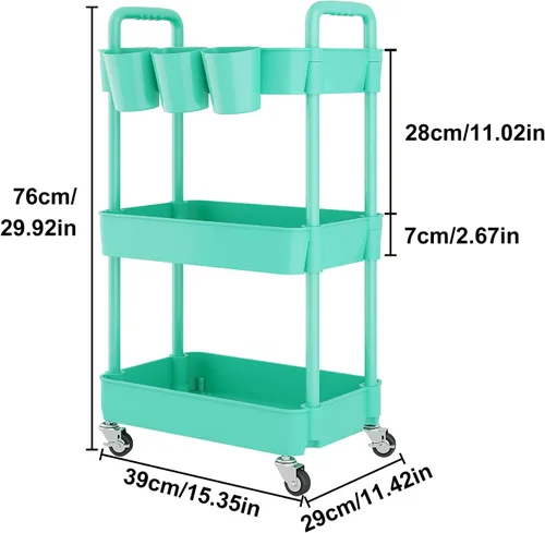 Vista 2 de UDEAR Carrito utilitario rodante de 3 niveles, estantes de almacenamiento multifuncionales con asa y ruedas con cerradura para habitación, oficina