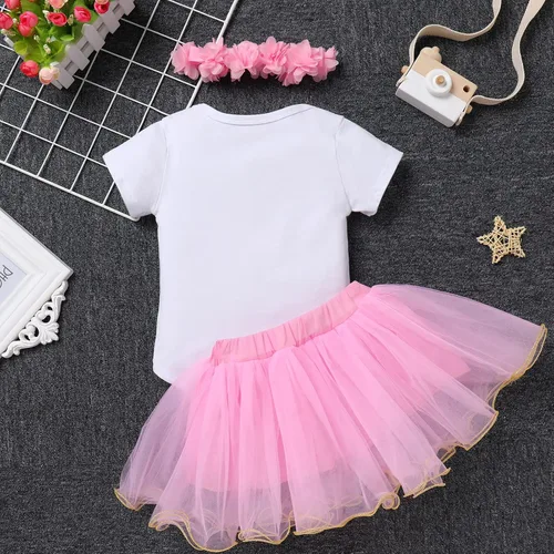 Vista 3 de IBTOM CASTLE Conjunto de ropa de 3 piezas para 123 cumpleaños para bebés y niñas con banderines de princesa tutú de arco iris y diadema