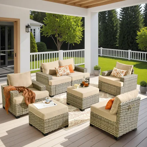 Vista 35 de HOOOWOOO Juego de Muebles Seccionales para Patio al Aire Libre, 6 Piezas Juegos de Conversación de Mimbre Sofá en Forma de L, Sofá Extra Profundo
