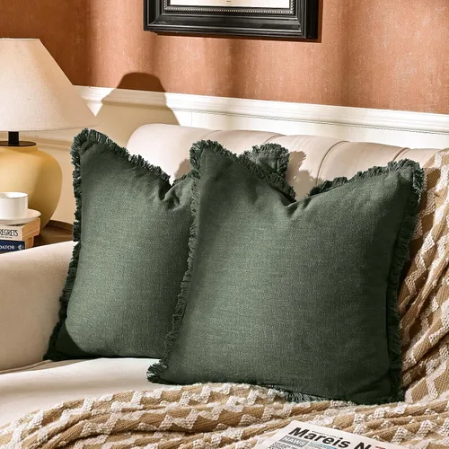 Vista 7 de Paquete de 2 fundas de almohada de lino con borlas con flecos decorativas rústicas naturales para cojín de sofá, sofá, dormitorio 16 x 16 pulgadas