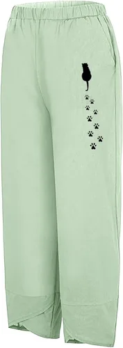 Vista 2 de Pantalones de trabajo para mujer, largos de algodón y cintura retráctil irregular, estampado de diente de león, pantalones casuales