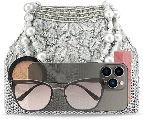 Vista 9 de Aheli Potli - Bolsas de noche para mujer, bolso de mano étnico para novia con cordón (P66S), plateado