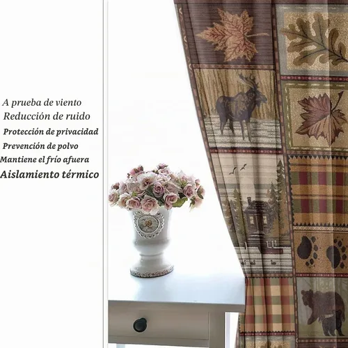 Vista 6 de Cortinas de oscurecimiento estilo campestre con osos, alces y ciervos, cortinas opacas para ventanas con ojales, tratamiento de ventanas eficiente