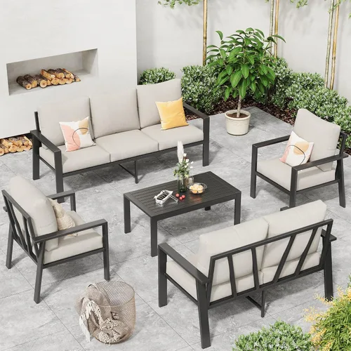 Vista 18 de Juego de muebles de aluminio para exteriores para todo tipo de clima, sofá seccional con mesa auxiliar y cojines con fundas extraíbles para terraza