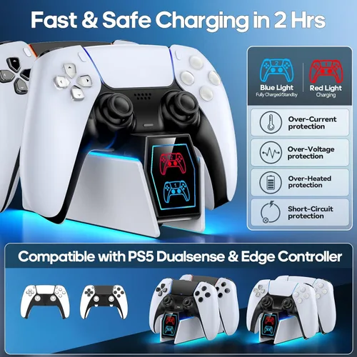 Vista 2 de Estación de carga para controlador PS 5 compatible con PlayStation 5 Dual Controller, 9 iluminaciones, estación de carga de accesorios PS 5, soporte
