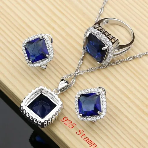 Vista 6 de Juego de joyas de plata 925, disfraz cuadrado de zafiro azul para mujer, aretes de aro, anillos, pulsera, collar