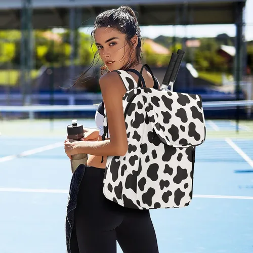 Vista 7 de Mochila de tenis para adultos, gran almacenamiento, estampado de vaca, bolsa de raqueta de tenis blanca y negra con capacidad para 2 raquetas