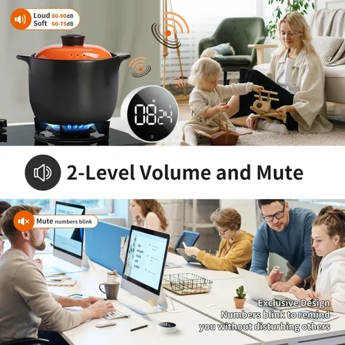 Vista 3 de VOCOO - Temporizador de cocina digital - Temporizador magnético de cuenta regresiva con pantalla LED grande, volumen ajustable, fácil de usar