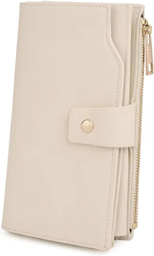 Vista 30 de UTO Cartera de cuero vegano para mujer, cartera larga con broche de presión, tarjetero de crédito, elegante embrague 0153 Gris