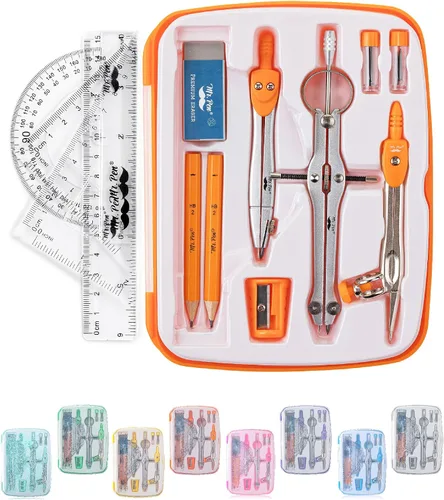 Vista 10 de Mr. Pen- Geometry Set, 13 pcs, 3 Metal Compasses, Protractor, 6" Ruler 45° & 30°/60° Set Squares, Pencils, Lead Refills, Sharpener & Eraser for
