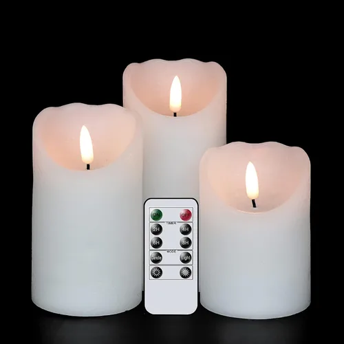 Vista 9 de Eldnacele Velas sin llama que funcionan con pilas con control remoto y temporizador, tira de luces LED de cera real, velas LED de pilar de cera
