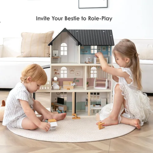 Vista 2 de Casa de muñecas de madera para niños, juego de casa de muñecas de juguete de estilo moderno de 6 habitaciones