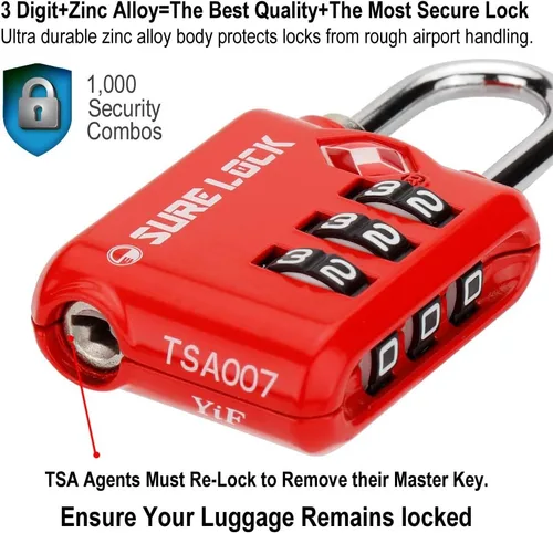 Vista 3 de SURE LOCK Cerraduras de equipaje de 3 dígitos aprobadas por la TSA con cuerpo de aleación de zinc y grillete de acero endurecido para bloquear