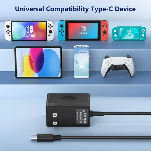 Vista 2 de Cargador para Nintendo Switch, Adaptador de CA para Nintendo Switch - Cargador de pared de viaje rápido con cable USB C de 5 pies 15V/2.6A Fuente
