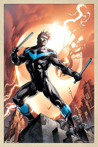 Vista 7 de Trends International DC Comics Nightwing - Póster de pared de fuego, 14.725 x 22.375 pulgadas, versión enmarcada de madera de granero