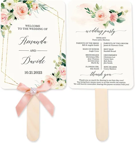 Vista 10 de DORIS HOME Abanico de Programa de Bodas Azules Personalizado, 50 Uds., 5 pulgadas de ancho x 7 pulgadas de alto, lazos de cinta azul con perlas 5