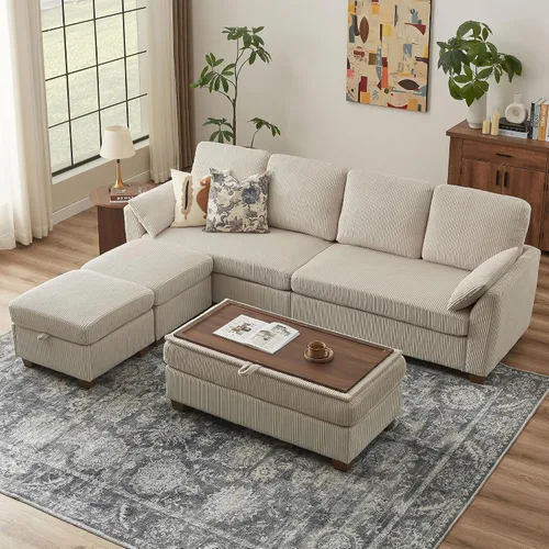 Vista 7 de Sofá en forma de U de 102.3 pulgadas con 2 otomanas móviles y 1 mesa auxiliar, se convierte en sofá cama, incluye 2 almohadas para reposabrazos