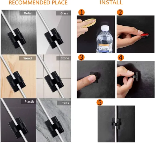 Vista 4 de Clips adhesivos resistentes para cables, paquete de 100 unidades, autoadhesivos, cable de cable, gestión de escritorio para oficina, hogar