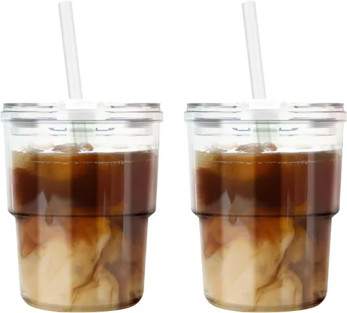 Vista 12 de Luxfuel Vaso Tumbler de Agua de Vidrio de 13 onzas con Pajita y Tapa, Tazas Reutilizables para Café Helado, Té Helado, Vaso Tumbler de Vidrio