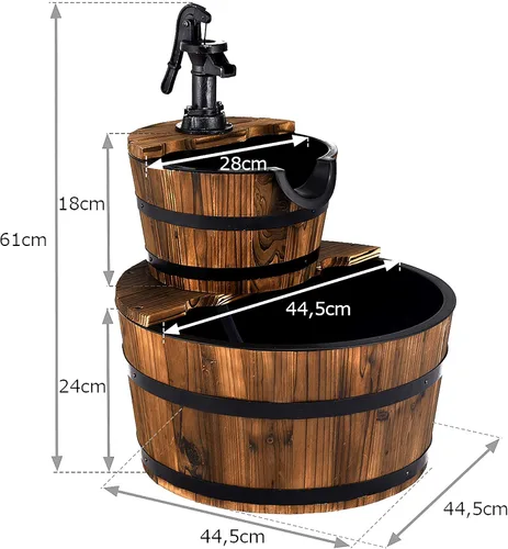 Vista 7 de FANTASK Fuente de cascada de barril de 2 niveles, fuente de agua de barril para exteriores con bomba de mano, construcción rústica de madera maciza