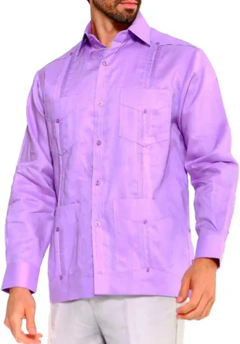 Vista 4 de Camisa tradicional guayabera. Lino regular. Manga larga. Cuatro bolsillos. Lavanda