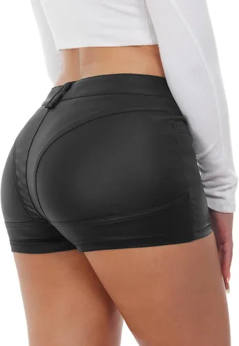 Vista 6 de RAMISU Pantalones cortos de mezclilla ajustados y elásticos para mujer, con aspecto de cuero, con bolsillos
