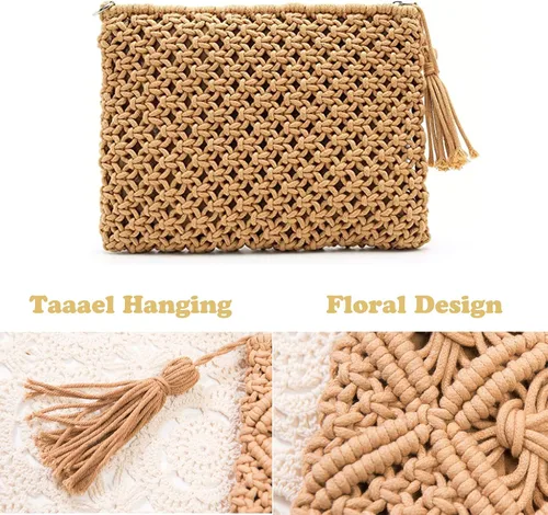 Vista 4 de Magibag Bolso de mano con borla de ganchillo, bolsa de mano de algodón, macramé, bolso de mano tejido a mano, bolso de pulsera con cremallera