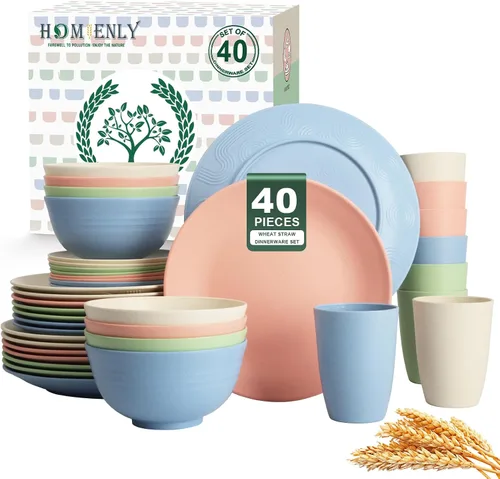 Vista 22 de Homienly Juegos de Vajilla Premium de Paja de Trigo, Platos y Tazones Ligeros e Irrompibles, Tazas, Servicio para 4, Apto para Lavavajillas
