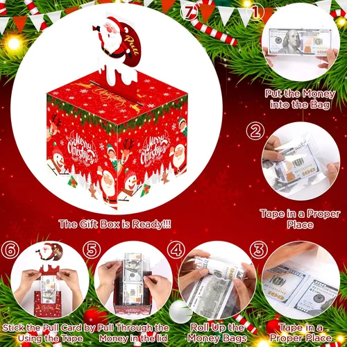 Vista 7 de Caja de dinero de Navidad para regalo en efectivo, caja sorpresa de felicidad, cajas de dinero con tarjeta extraíble de Papá Noel y 30 bolsas