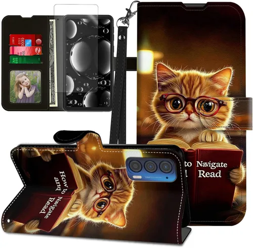 Vista 66 de Funda para Motorola Edge 2022 con protector de pantalla, soporte y tarjetero y correa para la muñeca, funda magnética para Moto Edge 2022 5G UW Lobo