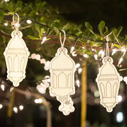 Vista 7 de Boao Placa colgante de madera de Ramadán, 2 piezas, farol, ornamento de pared, decoración del hogar para Eid Ramadán, 2 piezas