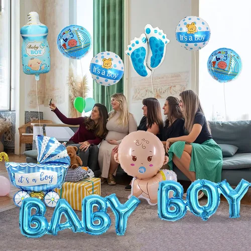 Vista 7 de 10 piezas de globos azules para bebé niño, decoraciones para baby shower, letra de Mylar de aluminio "It's A Boy" para bienvenida a casa, fiesta