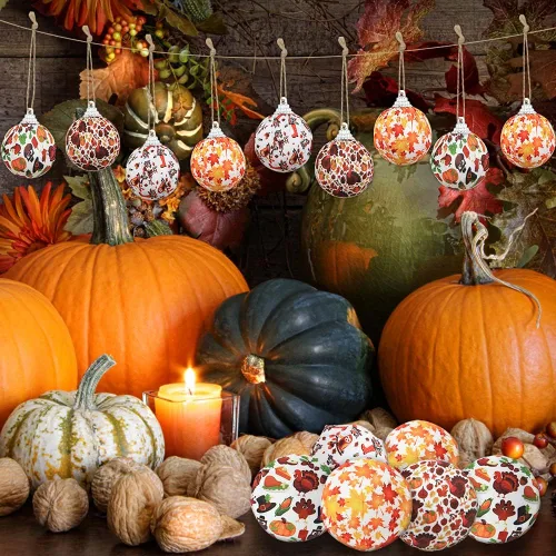 Vista 7 de 16 bolas colgantes de otoño para el día de Acción de Gracias, bola colgante envuelta en tela, pavo, calabaza, hoja de arce, adorno para otoño, día