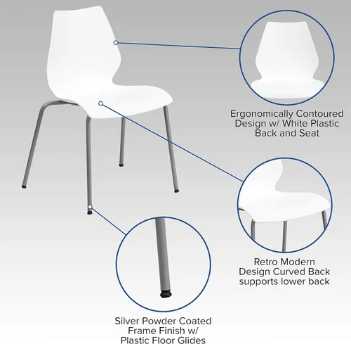 Vista 4 de BizChair Silla apilable blanca con soporte lumbar y marco plateado