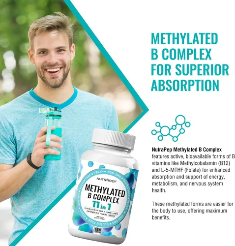 Vista 2 de NutraPep Vitaminas del complejo B metilado – Complejo multivitamínico completo de metilo B con bioactivo B9 5-MTHF B6 B12 – Suplemento de apoyo