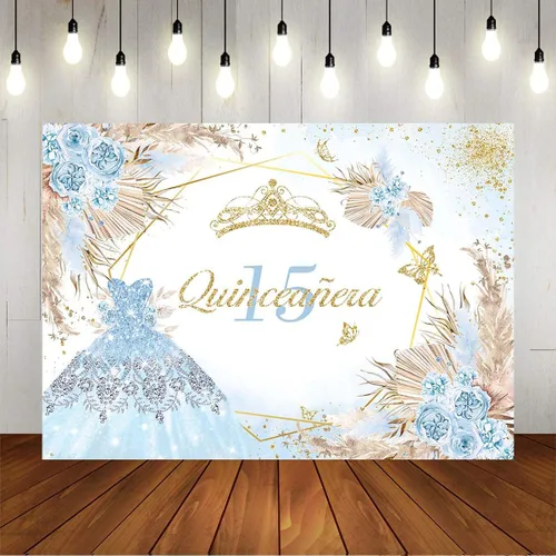 Vista 5 de Mocsicka Quinceanera - Telón de fondo de cumpleaños número 15, para mujeres y niñas, bohemio, elegante, flores rosadas, fondo de vinilo bohemio, Azul